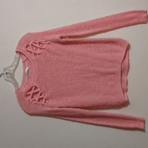 Lace-Up Shoulder Crewneck Sweater in Coral Pink